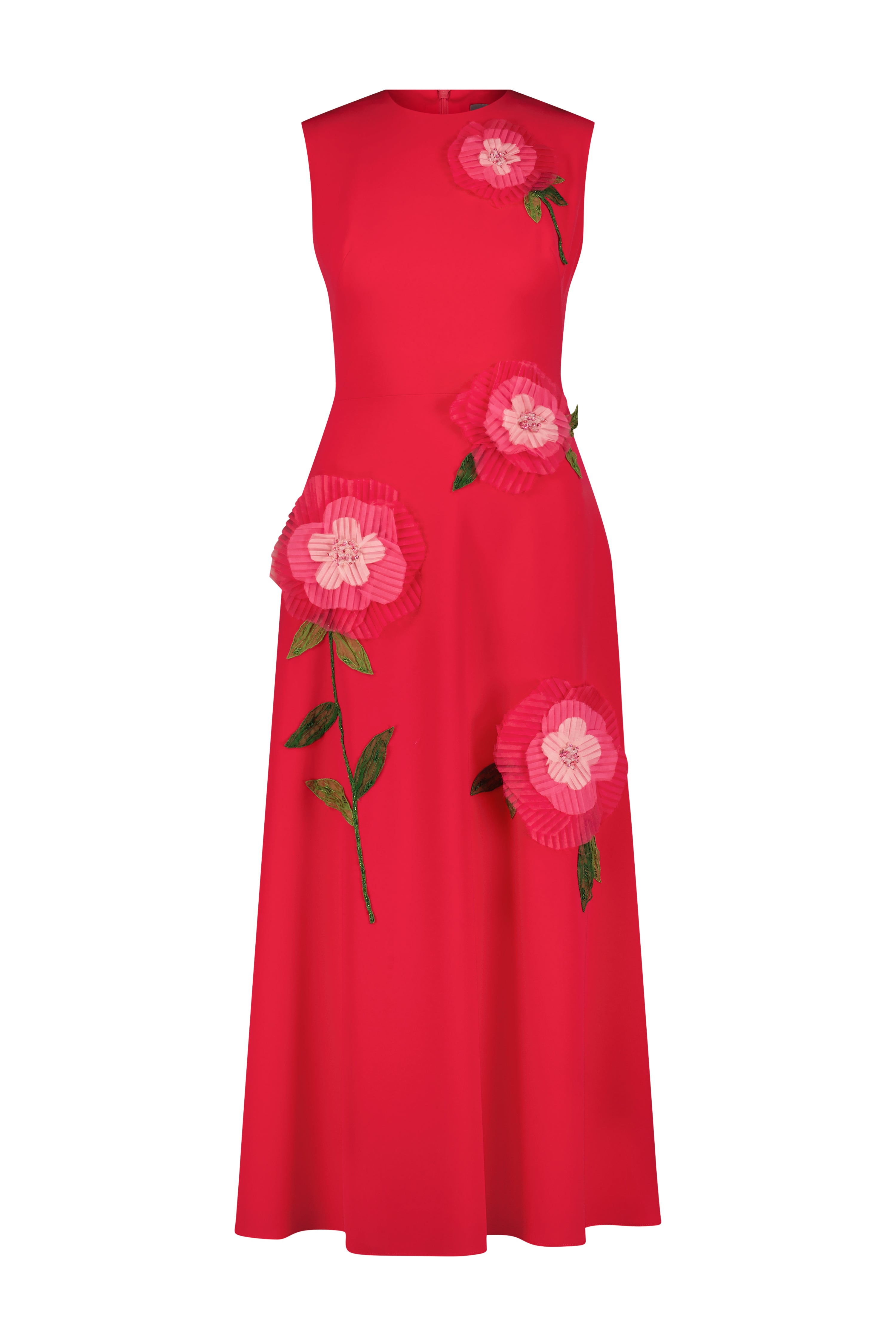 Hand-Beaded Rose Wool-Silk Crepe Sleeveless Dress
