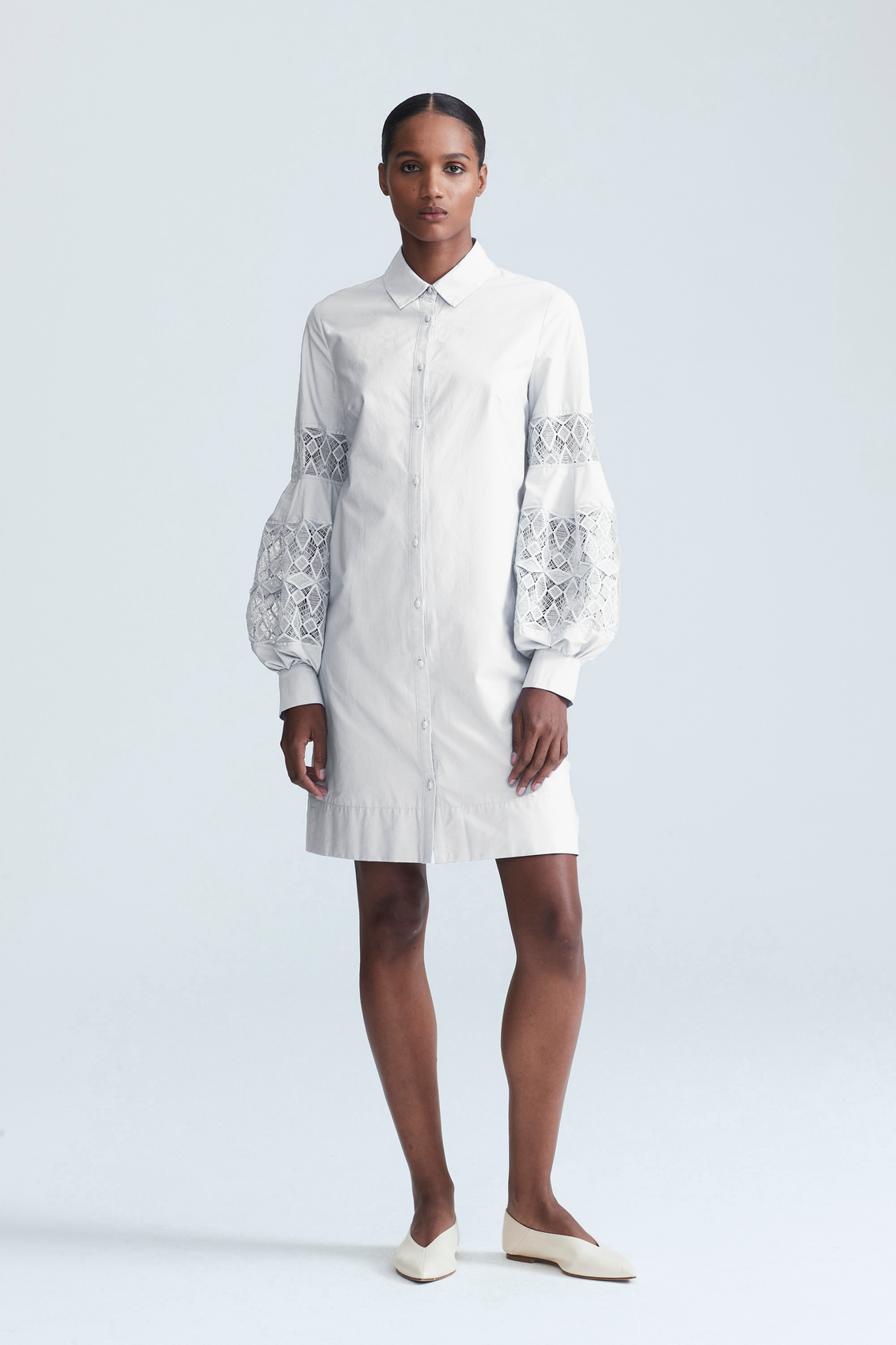 Poplin Lace Inset Full Sleeve Shirt Dress Lela Rose