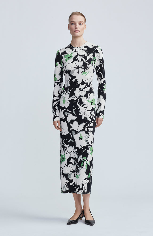 Floral Satin Crepe Long Sleeve Draped Sheath