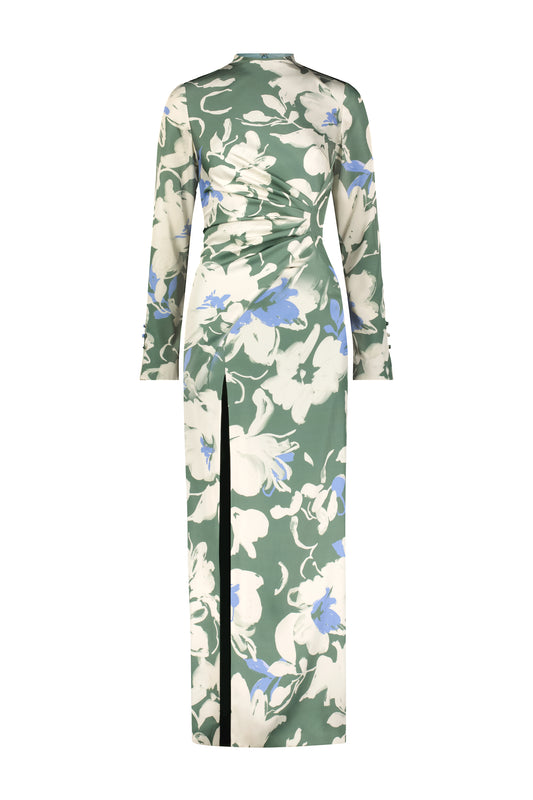 Floral Satin Crepe Long Sleeve Draped Sheath