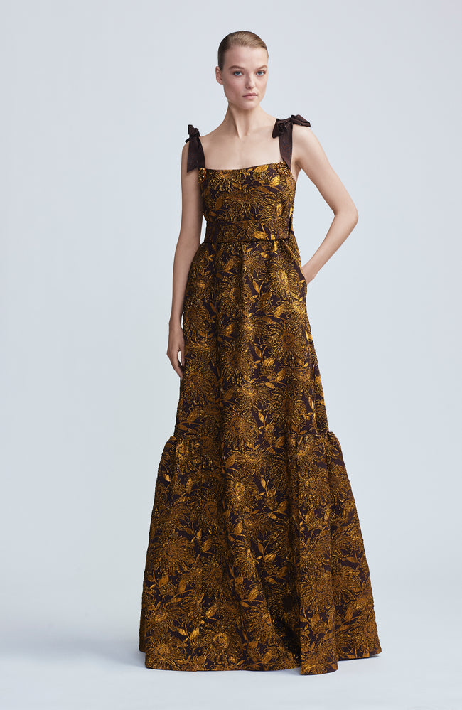 Sunflower Jacquard Flounce Hem Gown