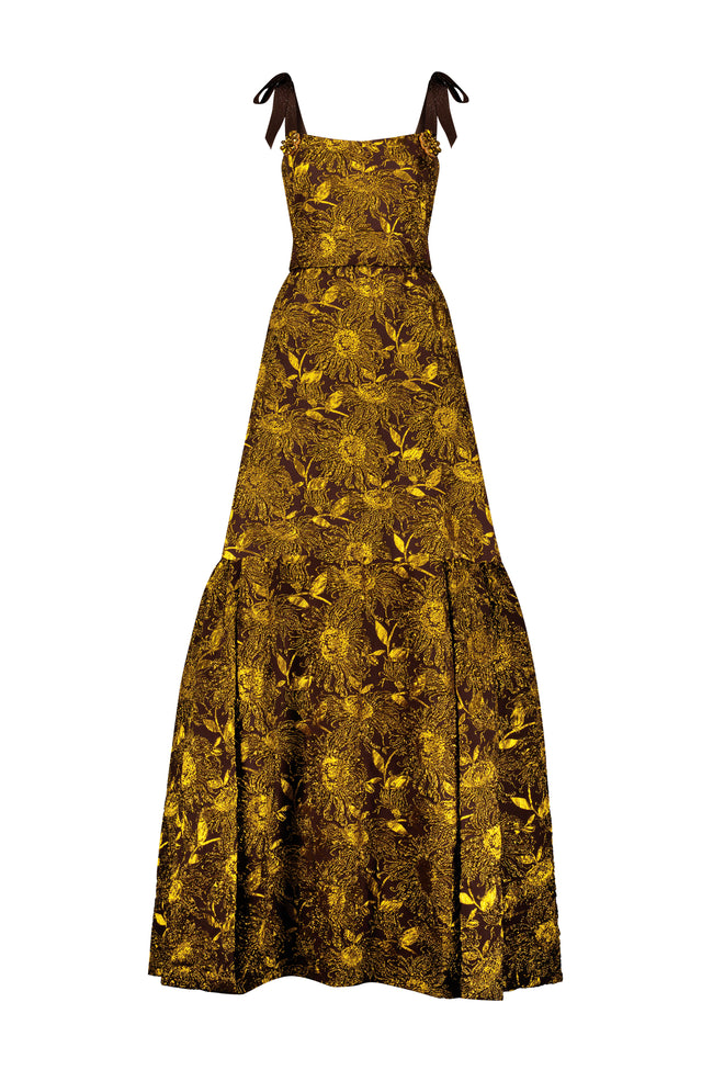 Sunflower Jacquard Flounce Hem Gown