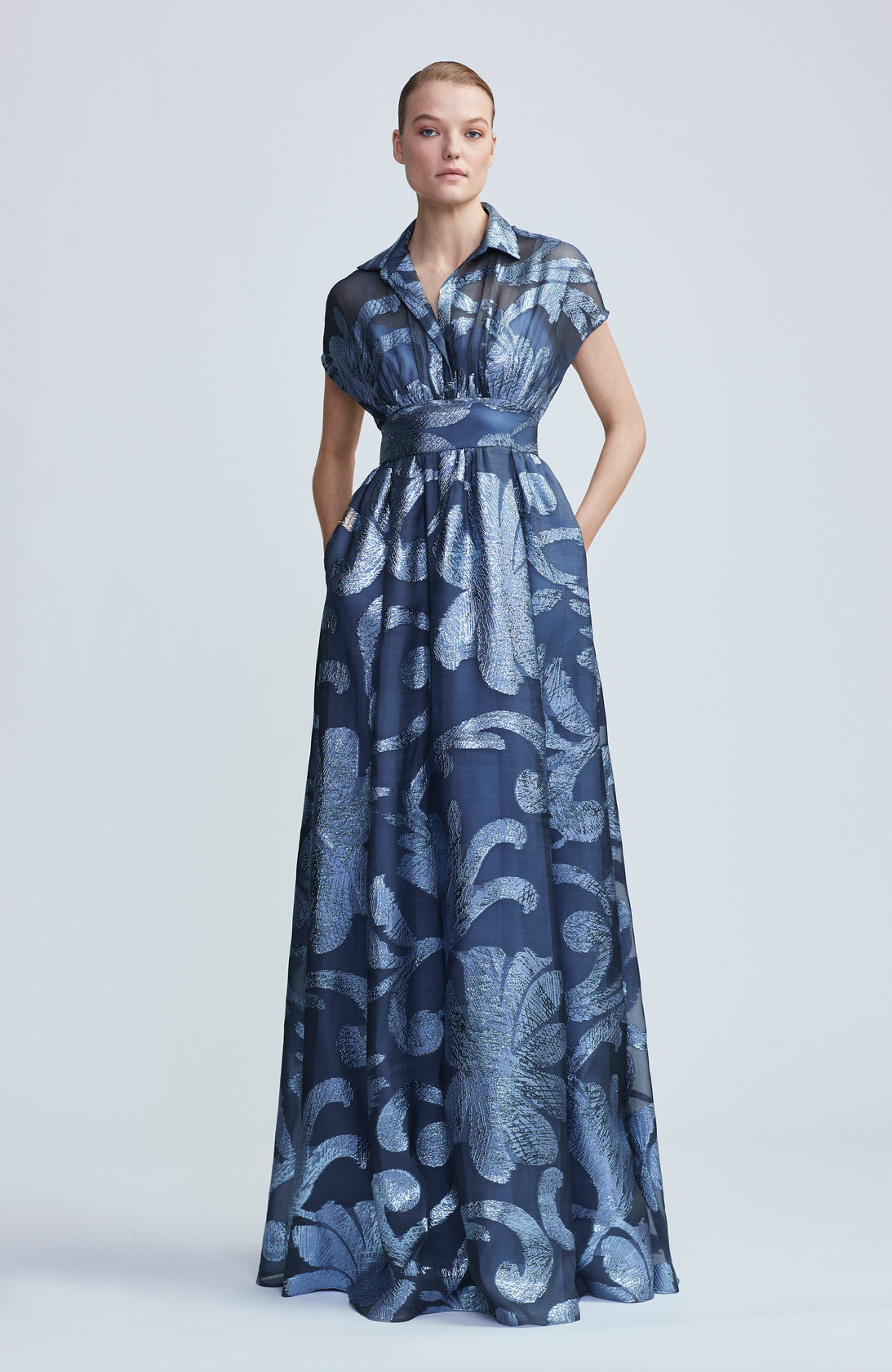 Metallic Floral Fil Coupe Full Skirt Gown