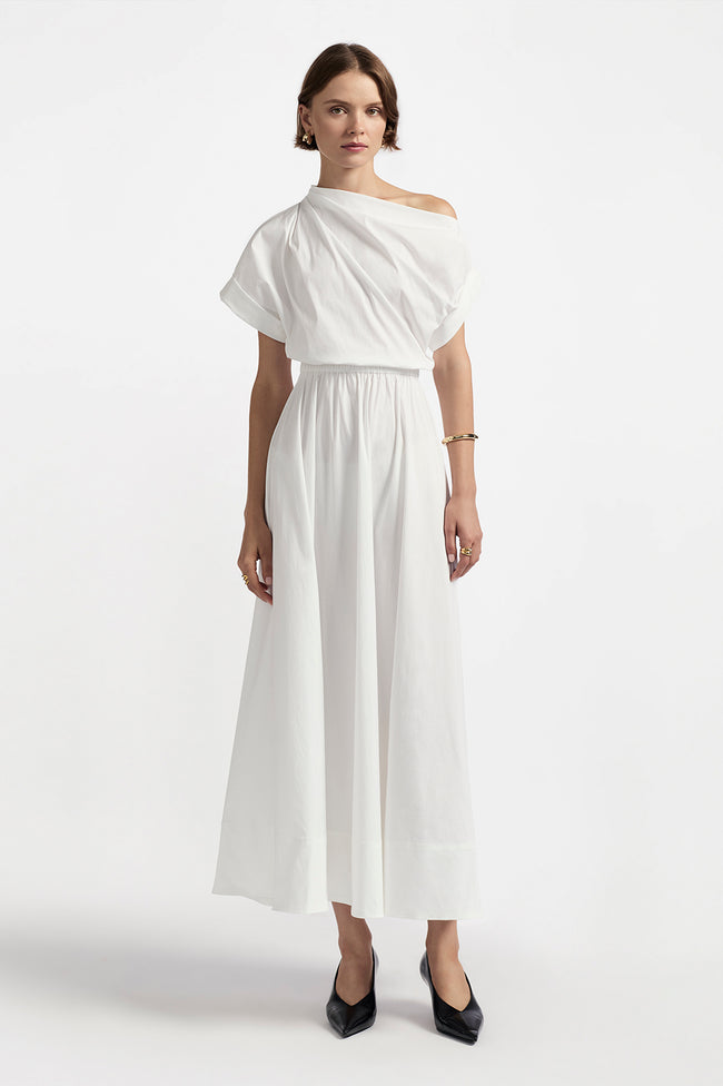 Cotton Poplin Short Sleeve Draped Shoulder Midi Dress