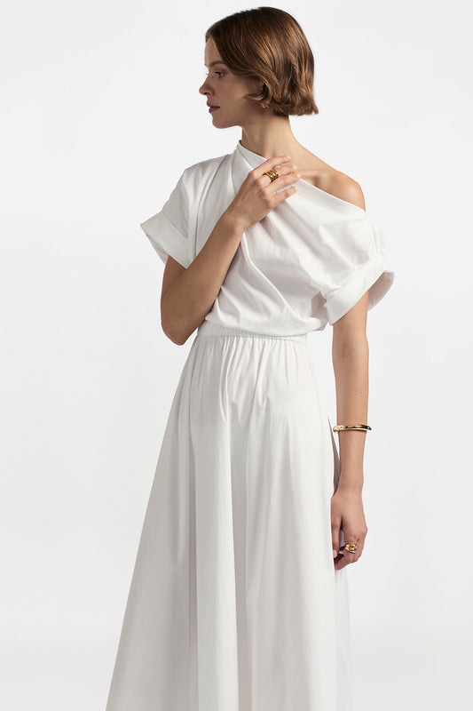 Cotton Poplin Short Sleeve Draped Shoulder Midi Dress