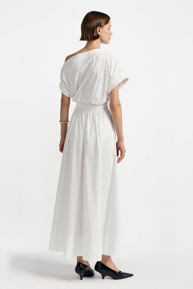 Cotton Poplin Short Sleeve Draped Shoulder Midi Dress