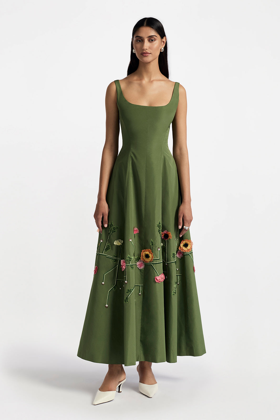 Raised Floral Embroidery Seam Detail Scoop Neck Midi Dress