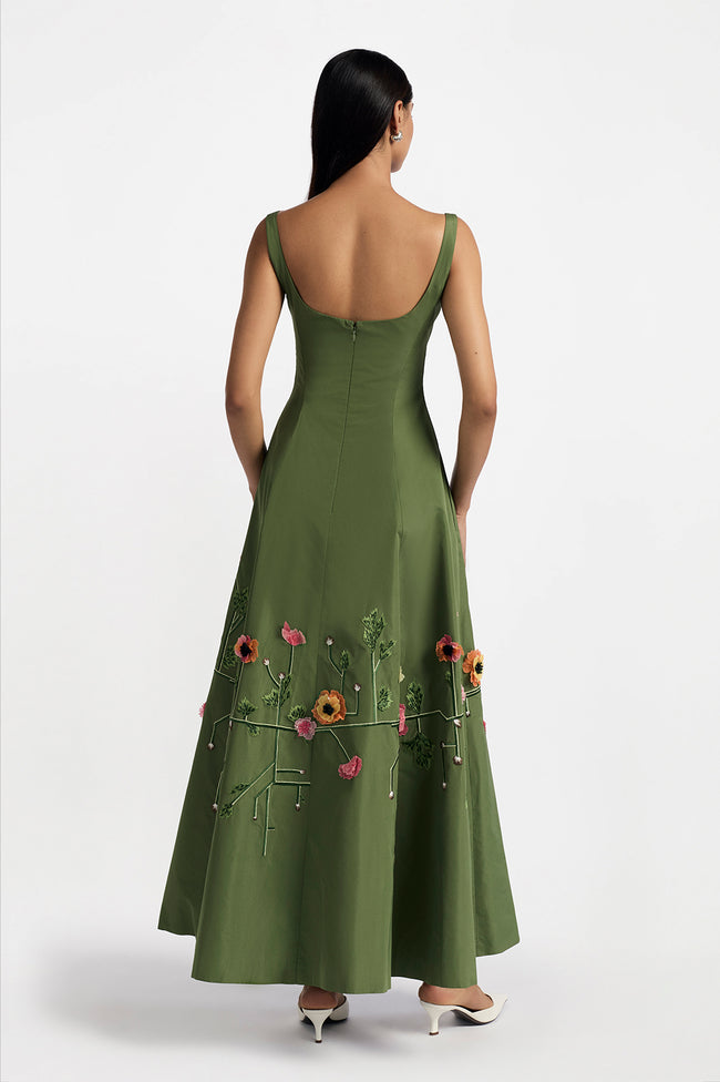 Raised Floral Embroidery Seam Detail Scoop Neck Midi Dress