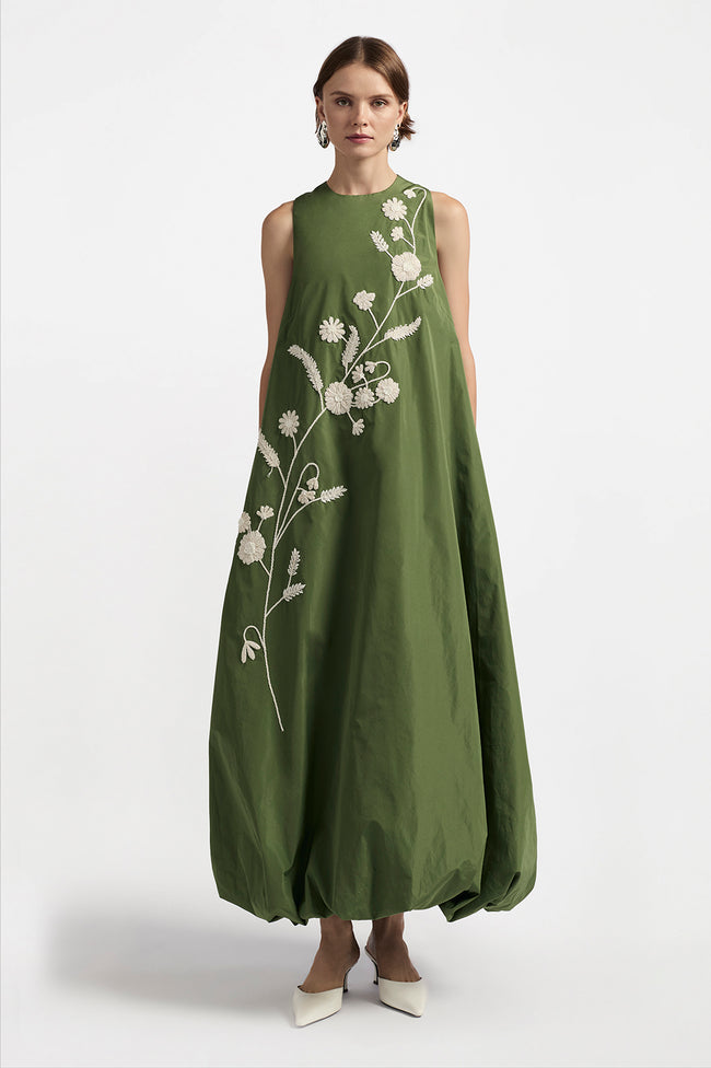 Corded Floral Embroidery Sleeveless Bubble Midi Dress