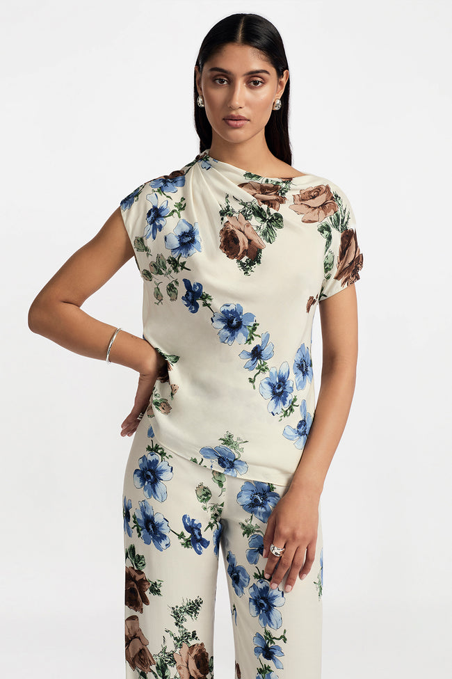 Floral Printed Crepe Draped Shoulder Top