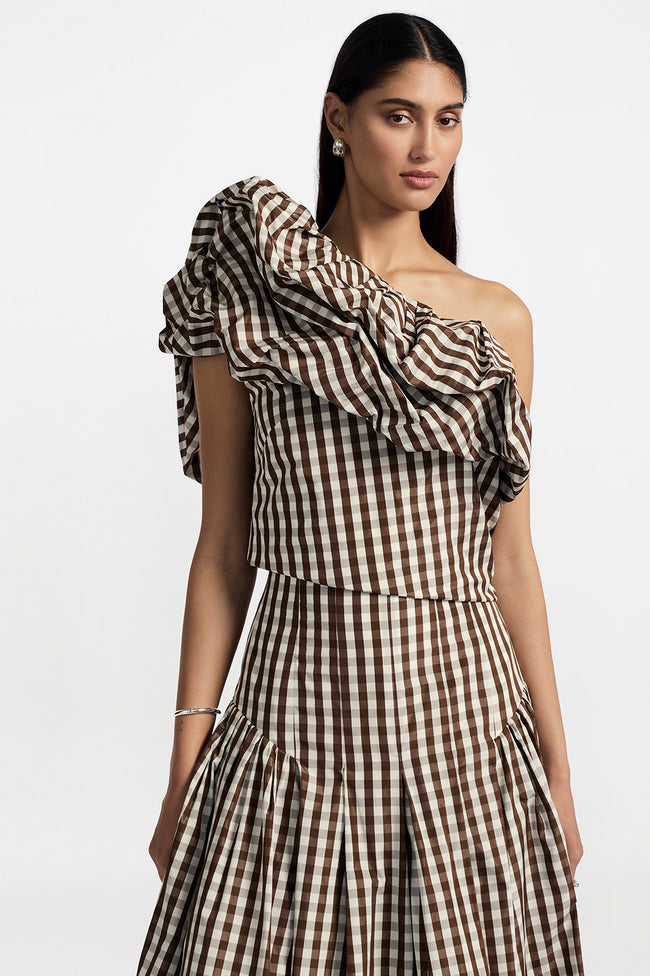 Plaid Taffeta One Shoulder Top