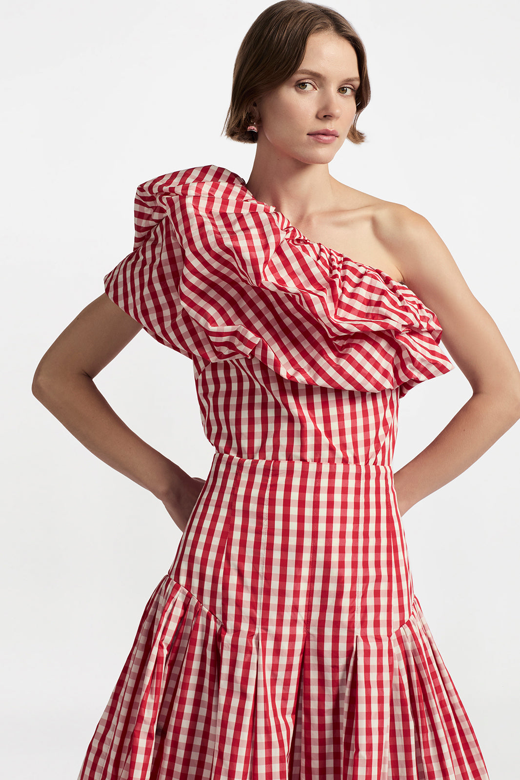 Plaid Taffeta One Shoulder Top