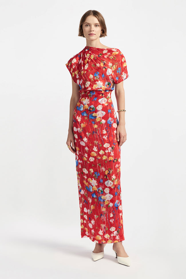 Floral Burnout Jacquard Draped Shoulder Sheath