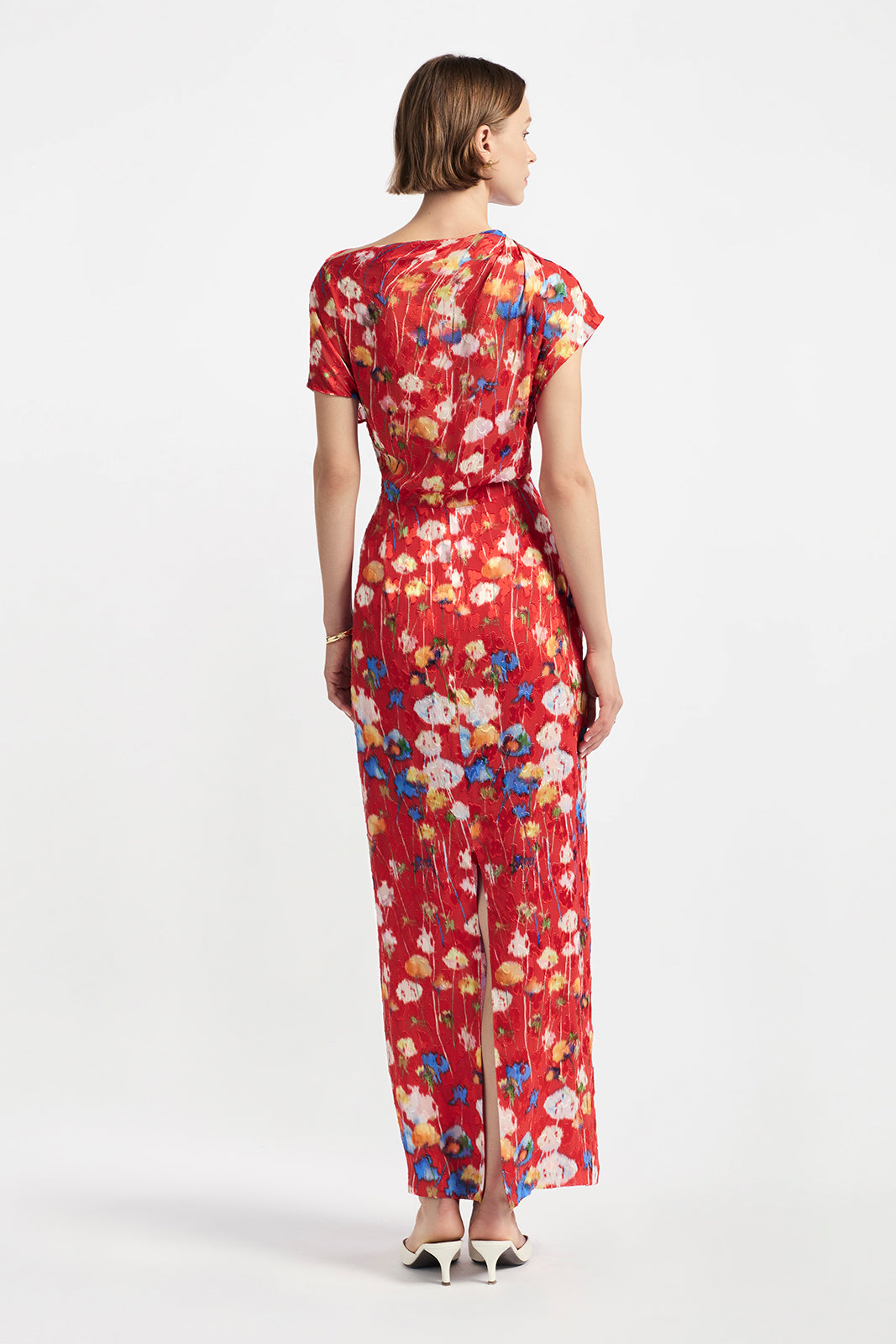 Floral Burnout Jacquard Draped Shoulder Sheath