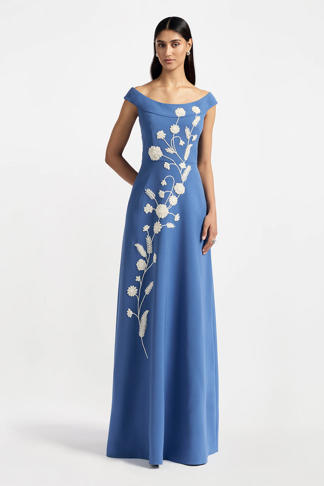 Corded Floral Embroidery Draped Off Shoulder Gown