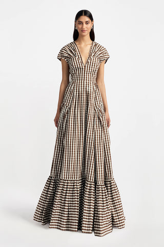 Plaid Taffeta Short Sleeve Seam Detail Gown