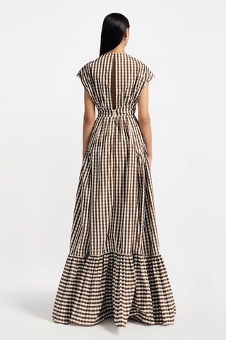 Plaid Taffeta Short Sleeve Seam Detail Gown