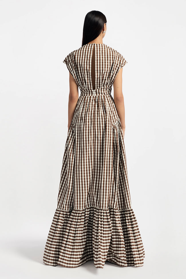 Plaid Taffeta Short Sleeve Seam Detail Gown