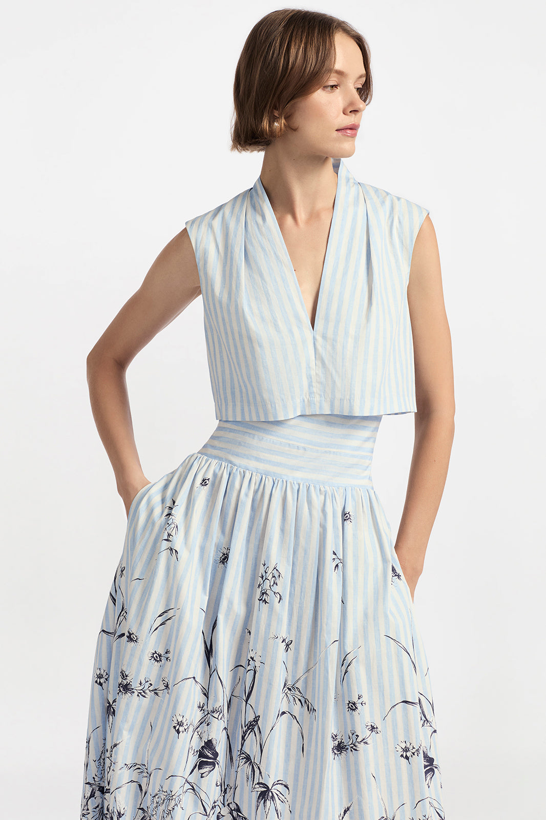 Printed Floral Poplin Stripe Collared V-Neck Dress