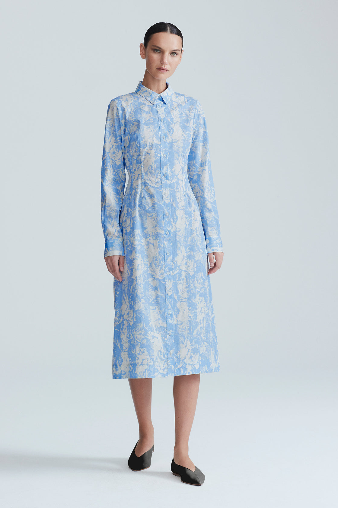 Printed Floral Poplin Stripe Long Sleeve Seamed Shirt Dress