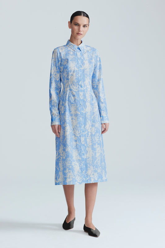 Printed Floral Poplin Stripe Long Sleeve Seamed Shirt Dress