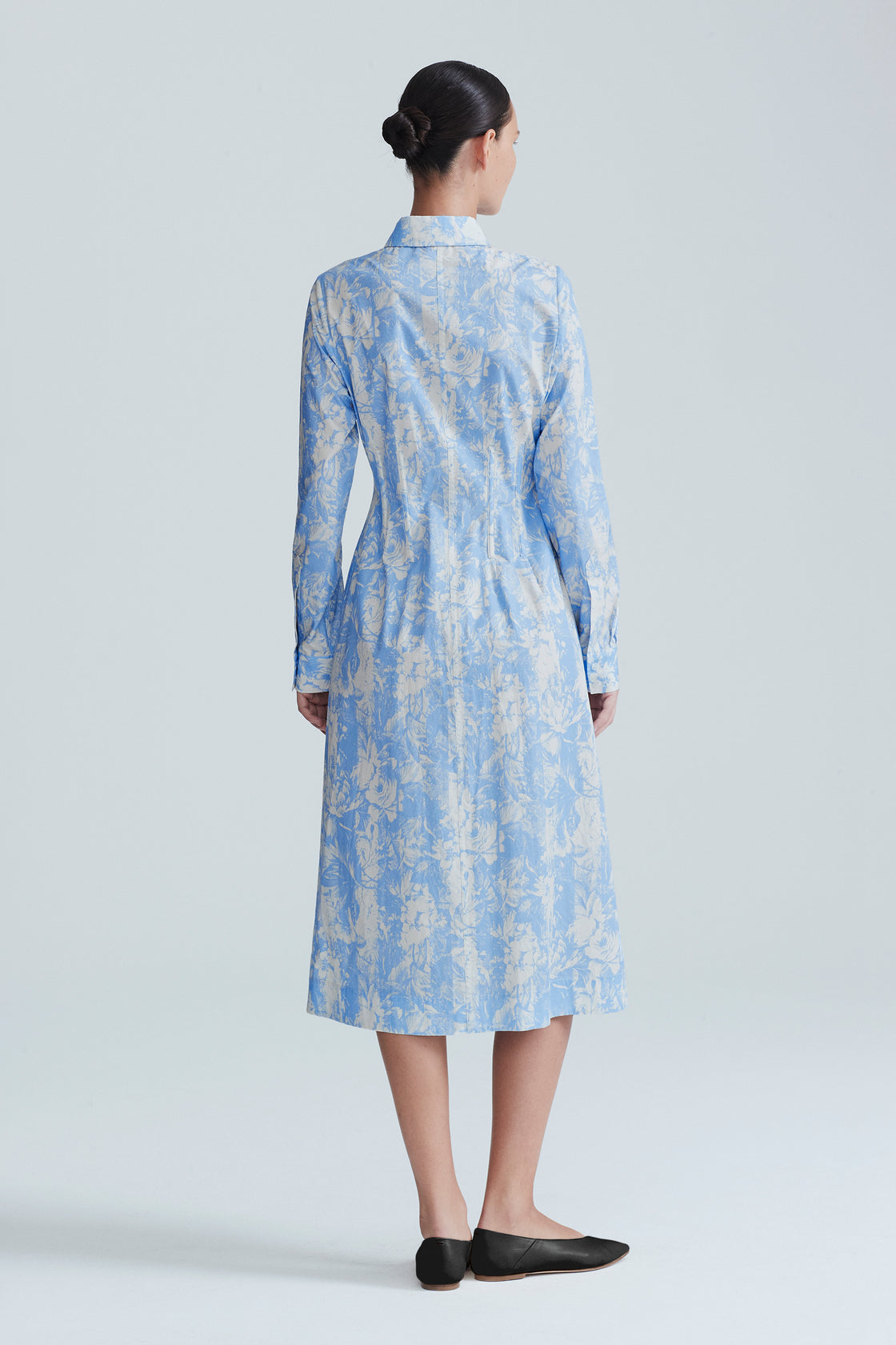 Printed Floral Poplin Stripe Long Sleeve Seamed Shirt Dress