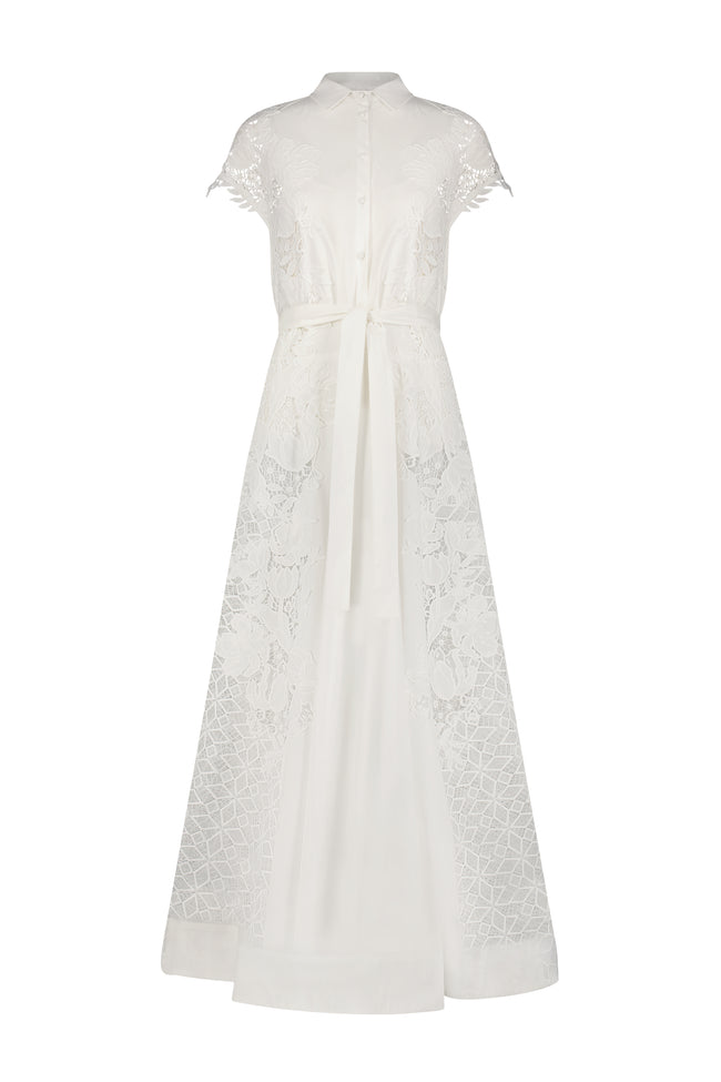 Poplin Lace Combo Belted Gown