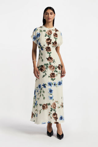 Floral Printed Crepe Blouson Top Midi Dress