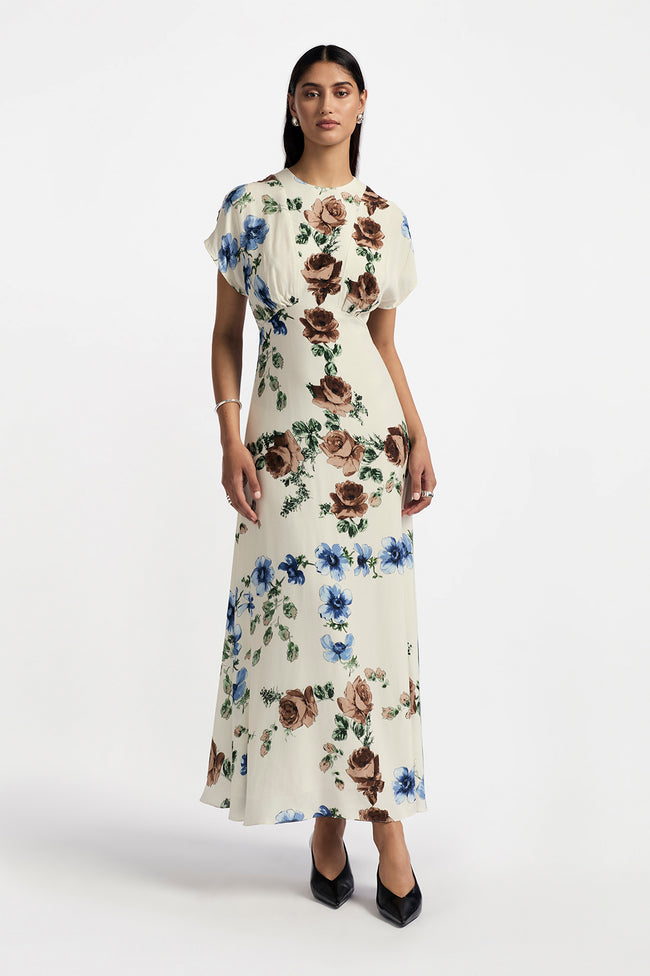 Floral Printed Crepe Blouson Top Midi Dress