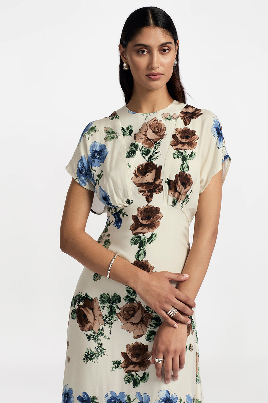 Floral Printed Crepe Blouson Top Midi Dress