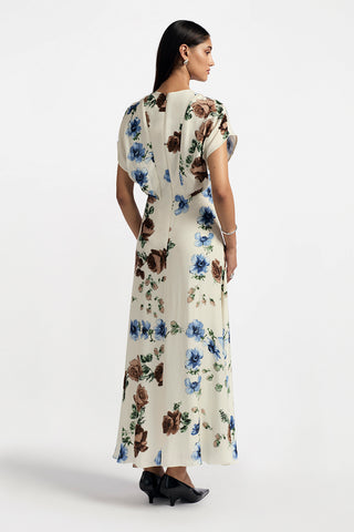 Floral Printed Crepe Blouson Top Midi Dress