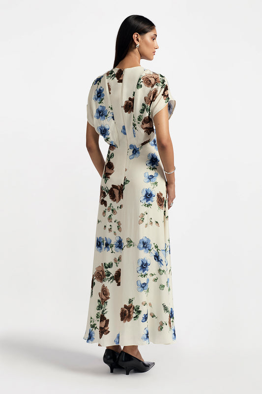 Floral Printed Crepe Blouson Top Midi Dress