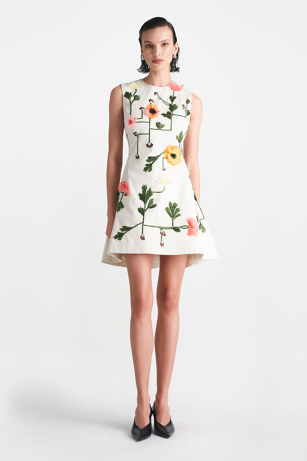 Raised Floral Embroidery Sleeveless Mini Dress