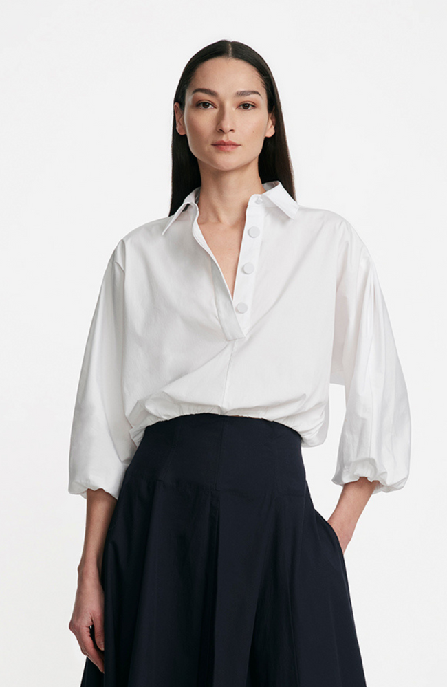 Cotton Poplin Long Sleeve Button Down Top